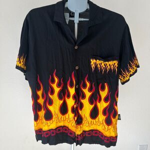 Uluwatu‎ Shirt Mens Sz Large Black Short Sleeve Y2K Vintage Flame Pattern Style